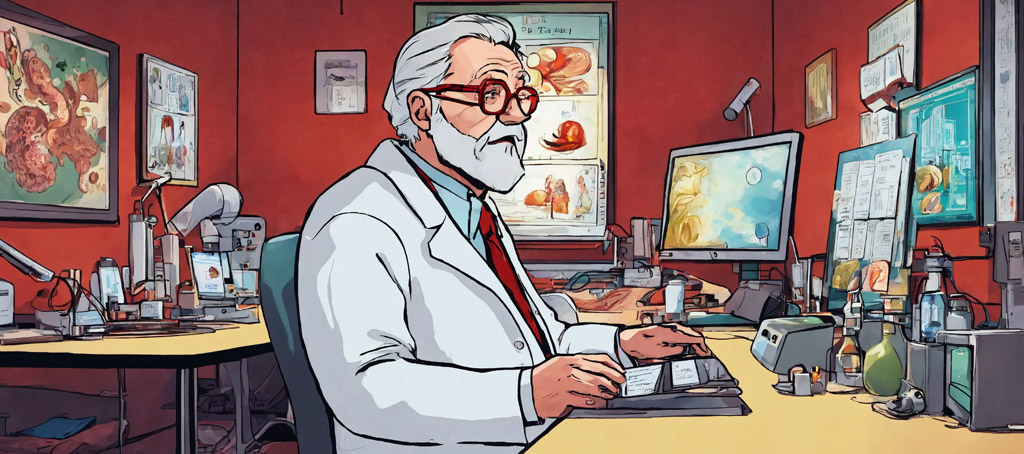 Docteur aux lunettes rouges devant un écran d'ordinateur et une erreur 404