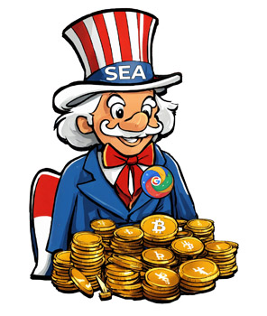 uncle sam représentant le SEA avec un badge google ads et devant un tas de bitcoin en or